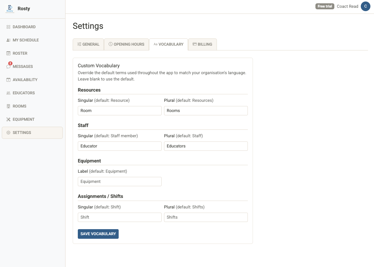Rosty vocabulary settings